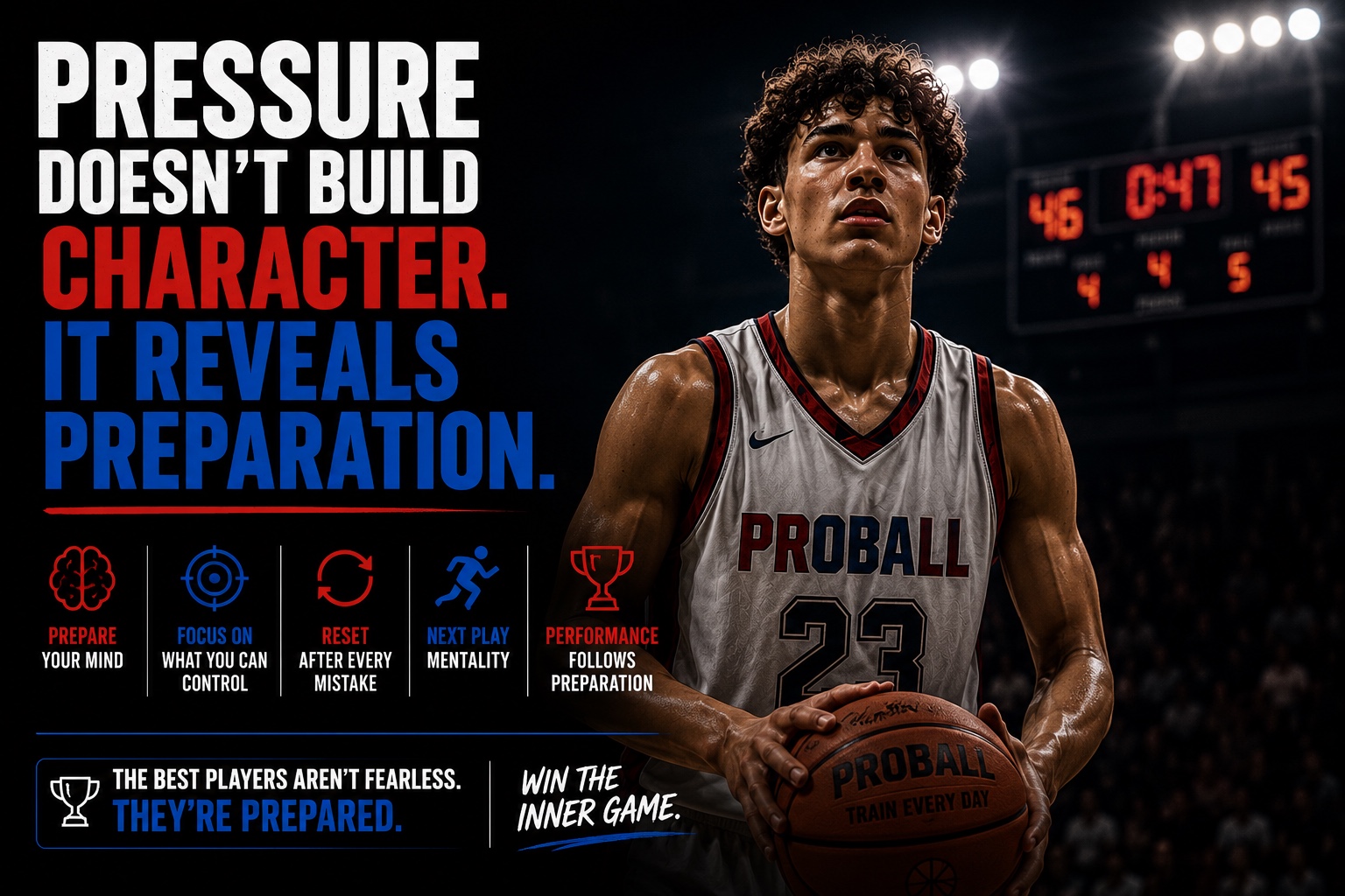 Young basketball player standing under bright arena lights holding a basketball with an intense, focused expression before a big moment. Bold text reads, “Pressure Doesn’t Build Character. It Reveals Preparation.” Supporting graphics highlight key mental performance habits including preparing your mind, focusing on what you can control, resetting after mistakes, maintaining a next-play mentality, and understanding that performance follows preparation. The image emphasizes that success under pressure comes from consistent training and mental preparation, not confidence alone.